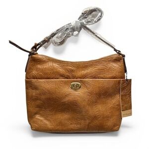 Margot New York Cognac Leather Hand Tooled Floral Embossed Maya Turnlock Bag